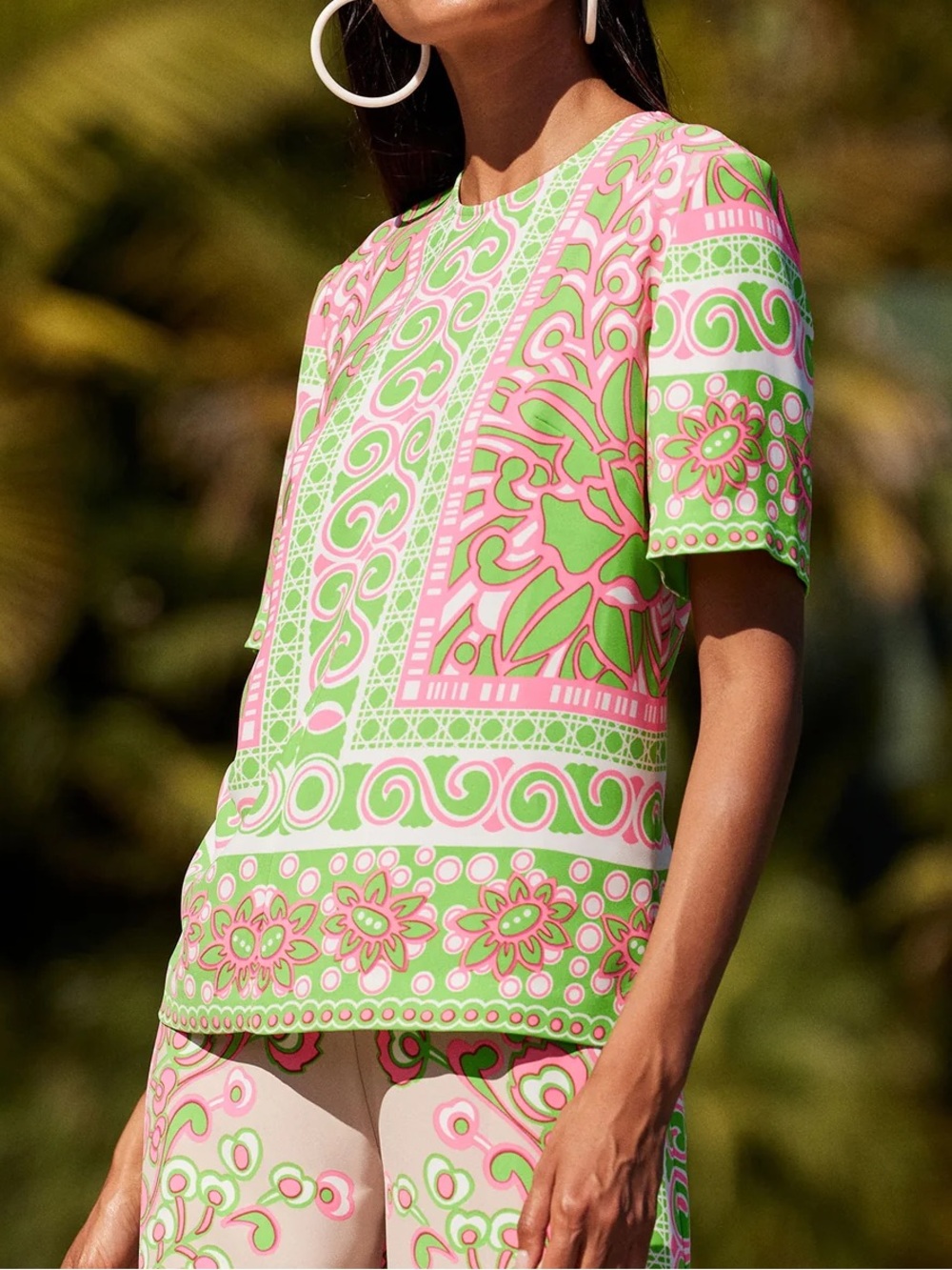 Trina Turk Pink and Lime Green “Riggs” Short Sleeve Blouse
